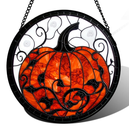 Stained Glass Window Hanging - Halloween Red White Scary Pumpkin Suncatcher for Doors Garden Home Spooky Rattan Sun Catchers Gothic Decor Horror Gifts for Women Men Friend Boy Girl 15 in