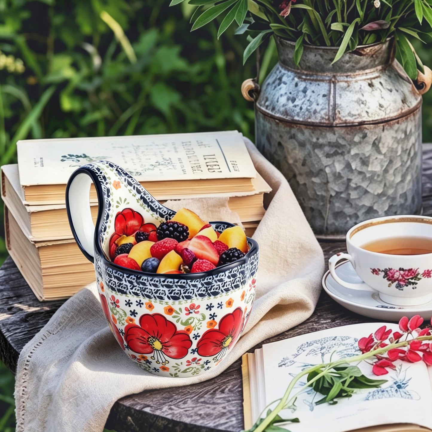 ALMA Handpainted Microwavable Soup Bowl with Loop Handle 18.6oz, Cereal Bowl With Handle Great for Berry, Fruits, Chili, Stew, Ice cream,Floral Soup Mug for Women