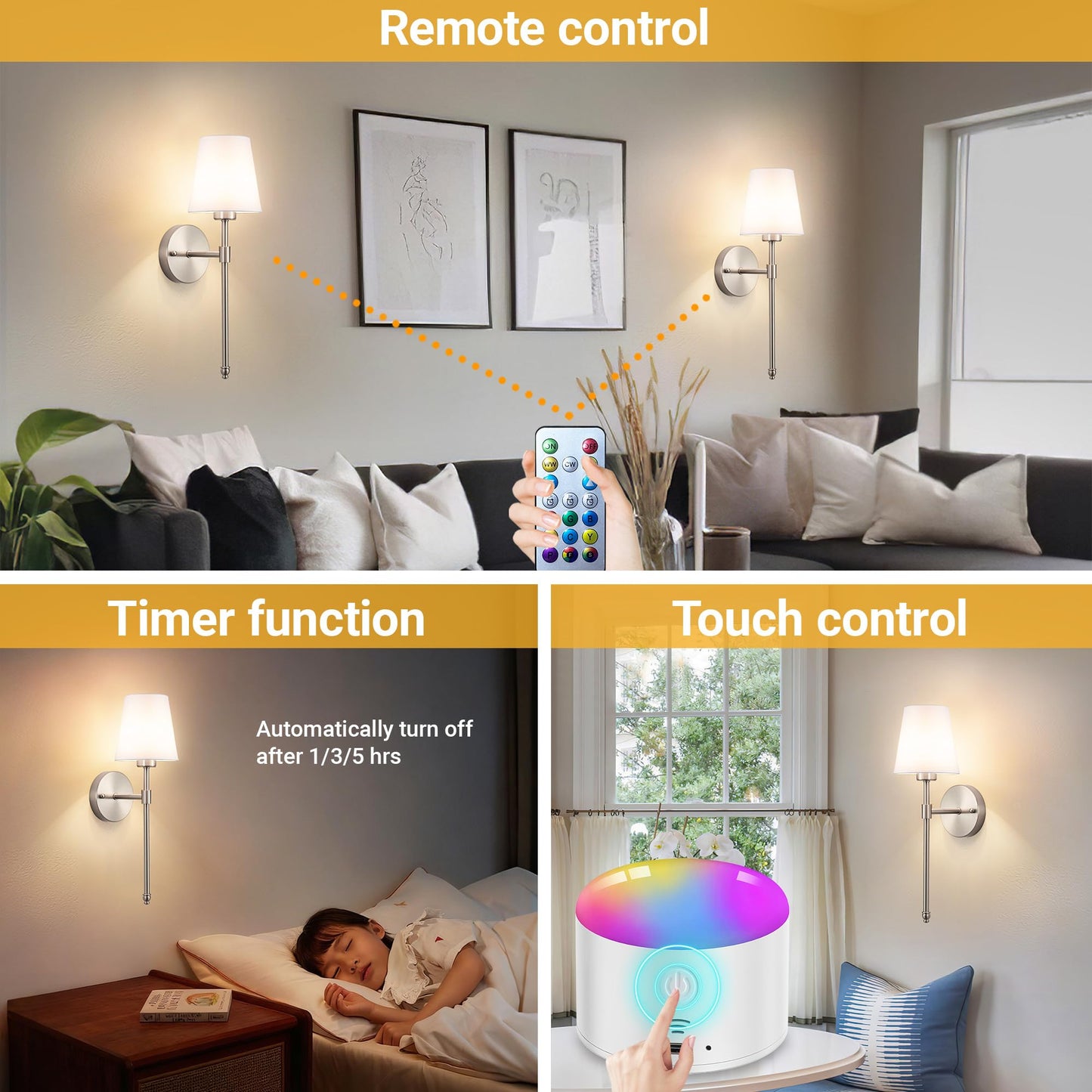 YHCDLAMP Battery Operated Wall Sconce Light with Remote Control, Dimmable Wall Sconce Set of 2 with White Fabric Shade, Wireless Battery Operated Wall Lamp for Bedroom Living Room, Bulb Included
