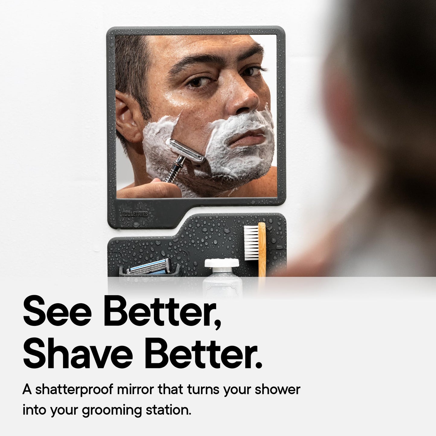 TOOLETRIES Harvey & Oliver, Shower Organizer & Shaving Mirror - Charcoal | Shower grooming station with a clear-view mirror and reusable organiser for everyday grooming.