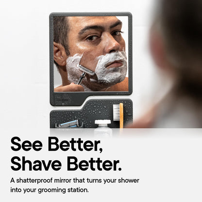 TOOLETRIES Harvey & Oliver, Shower Organizer & Shaving Mirror - Charcoal | Shower grooming station with a clear-view mirror and reusable organiser for everyday grooming.