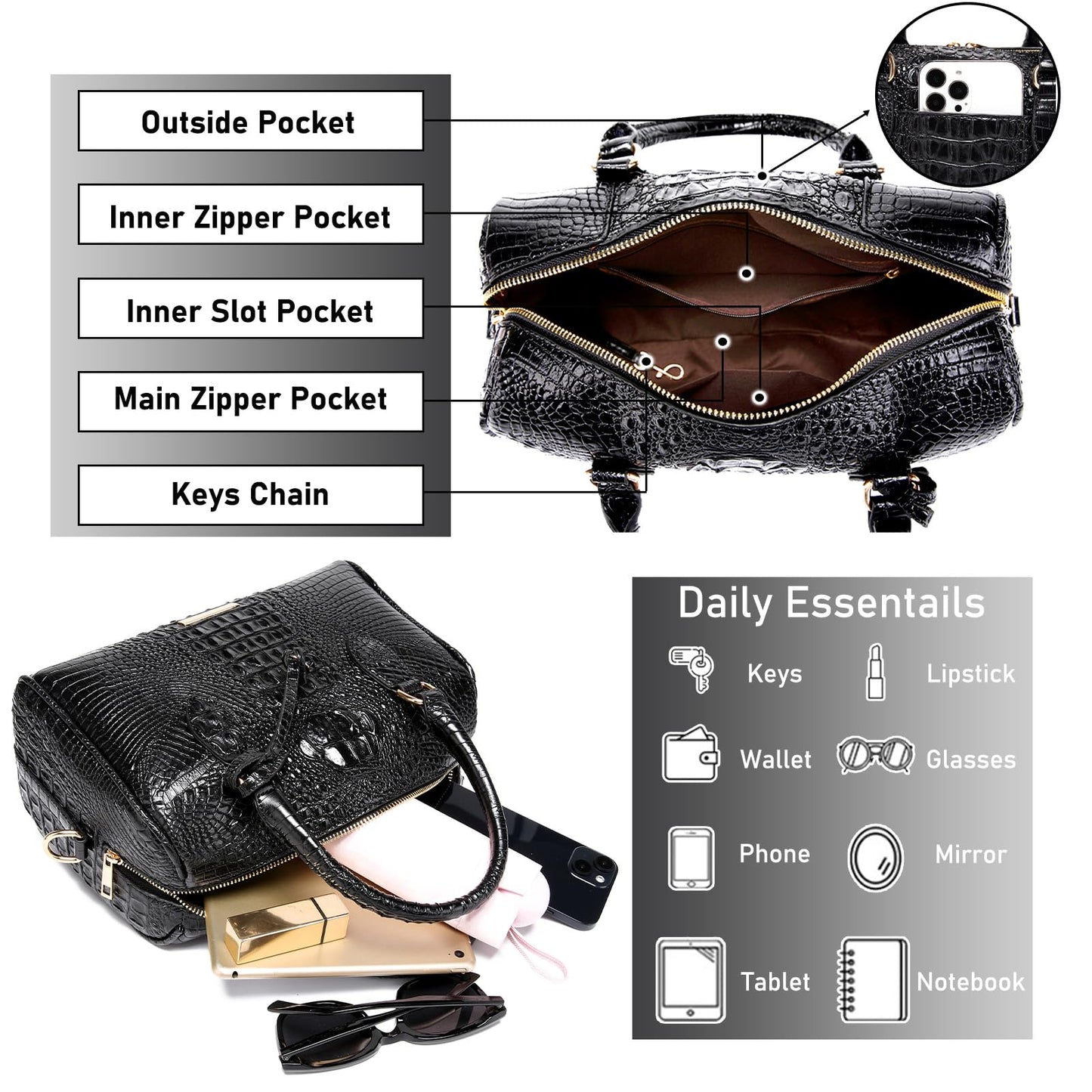 Makcr Joacbv Crocodile Handbag for Women Top Handle Leather Shoulder Purse | Glossy crocodile-embossed vegan leather with rolled handles, buckle details, a structured dome shape, and adjustable strap.