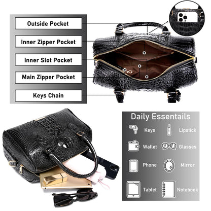 Makcr Joacbv Crocodile Handbag for Women Top Handle Leather Shoulder Purse | Glossy crocodile-embossed vegan leather with rolled handles, buckle details, a structured dome shape, and adjustable strap.