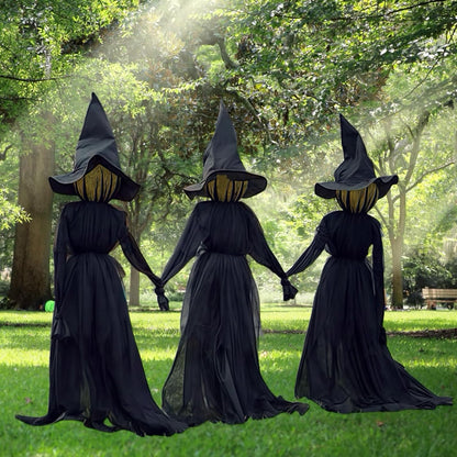 Halloween Witch Decorations Outdoor - 5 FT Set of 3 Light Up Holding Hands Witches Stakes with Glowing Faces, Sound-Activated Screaming Sensor, Waterproof Life Size Scary Halloween Yard Decorations