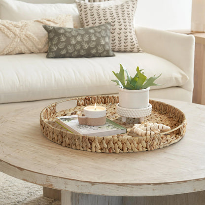 Gurfuy Extra Large Round Ottoman Table Tray with Handles - 19.7" Handmade Wicker Serving Hand Woven Tray for Farmhouse Decorative Oversized Coffee Table Trays Living Room Kitchen Counter Breakfast