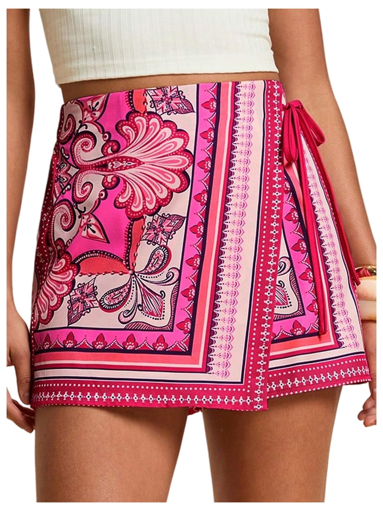Sweatyrocks Women's Boho Mini Skirts Floral Shorts Tie Side Wrap Elastic Waist Summer Skorts Beach Vacation Outfits