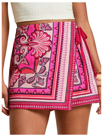Sweatyrocks Women's Boho Mini Skirts Floral Shorts Tie Side Wrap Elastic Waist Summer Skorts Beach Vacation Outfits
