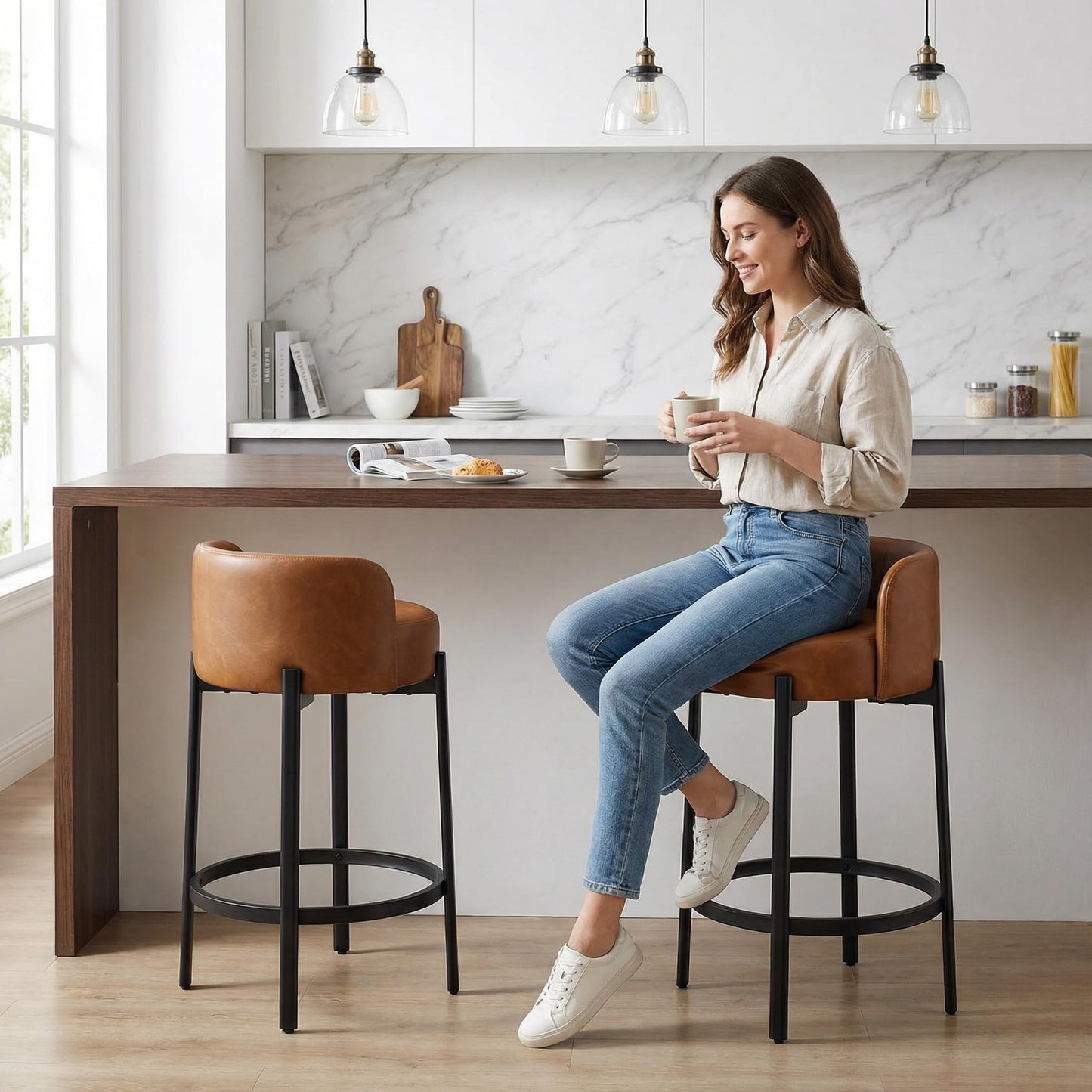 LukeAlon Mid Century Linen Counter Stools Set of 4, Upholstered 26.5” Seat Height Low Barstools with Natural Wood Legs Round Low Back Kitchen Stools with Footrest for Dining Room, Beige