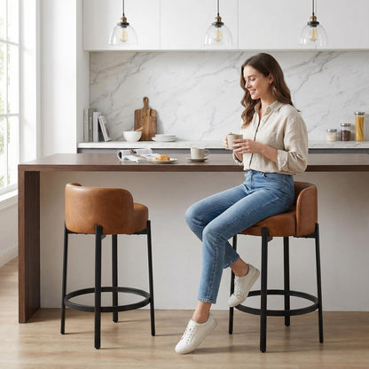 LukeAlon Mid Century Linen Counter Stools Set of 4, Upholstered 26.5” Seat Height Low Barstools with Natural Wood Legs Round Low Back Kitchen Stools with Footrest for Dining Room, Beige