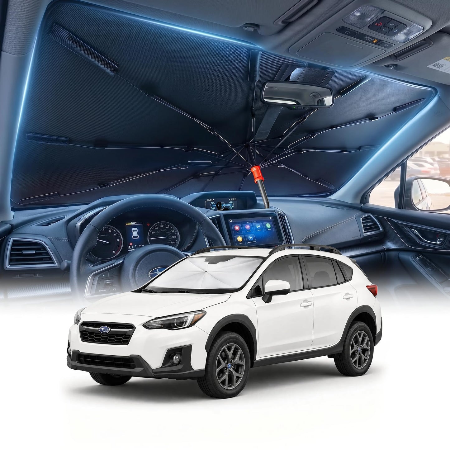 DMJN Umbrella Windshield Sun Shade - Medium, Car Sunshade for Front Windshield [Nano Ice-Crystal Coatings] UPF50+ Heat & UV Block, Protect Interior & Keep Cooler Universal for Car, SUV, Truck