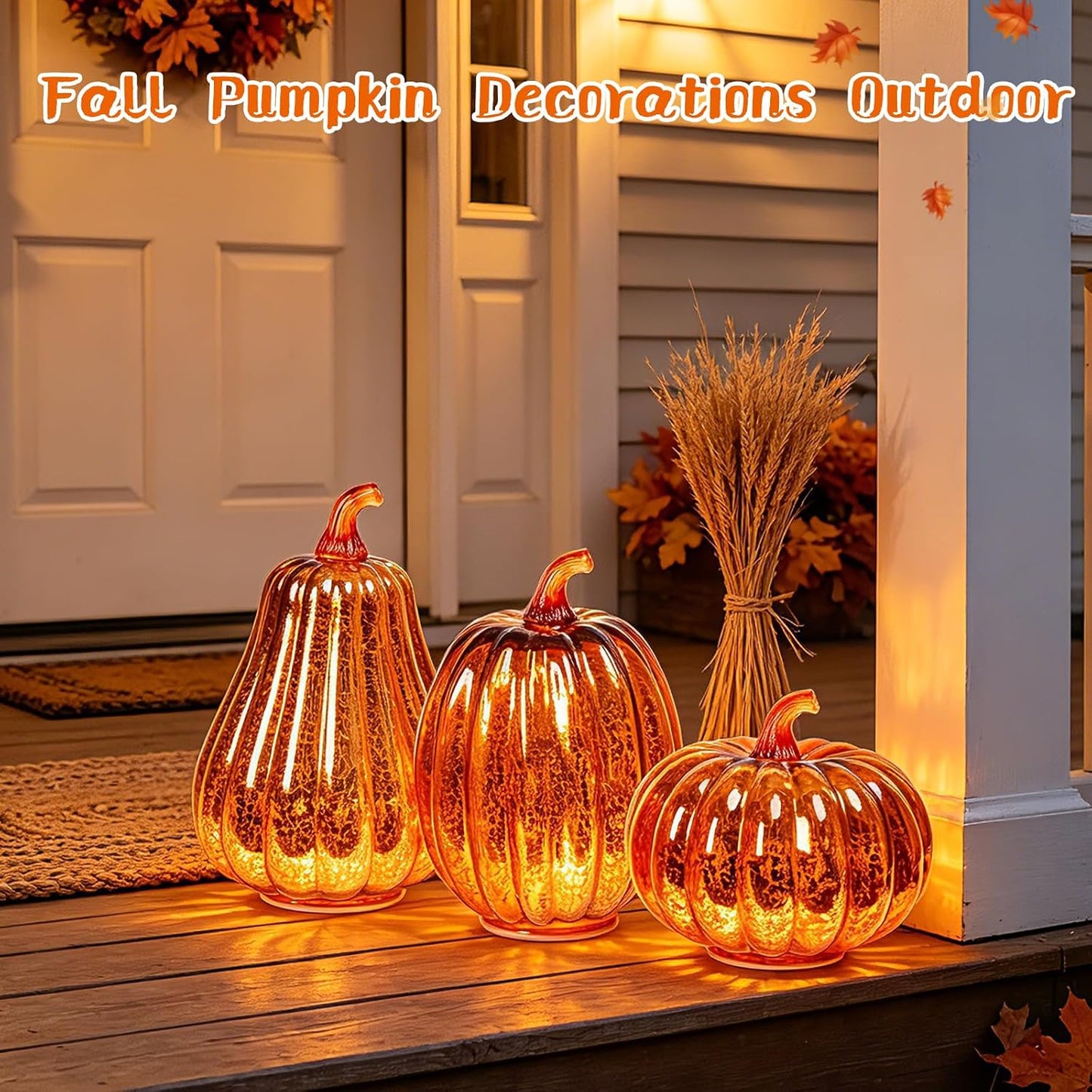 Mercury Glass Pumpkin Lights with Timer, Fall Pumpkins Lamps Tabletop Centerpiece Decorations Autumn Thanksgiving Home Halloween Decor, 3PCS