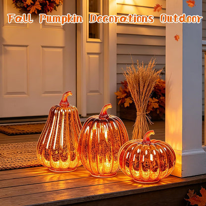 Mercury Glass Pumpkin Lights with Timer, Fall Pumpkins Lamps Tabletop Centerpiece Decorations Autumn Thanksgiving Home Halloween Decor, 3PCS