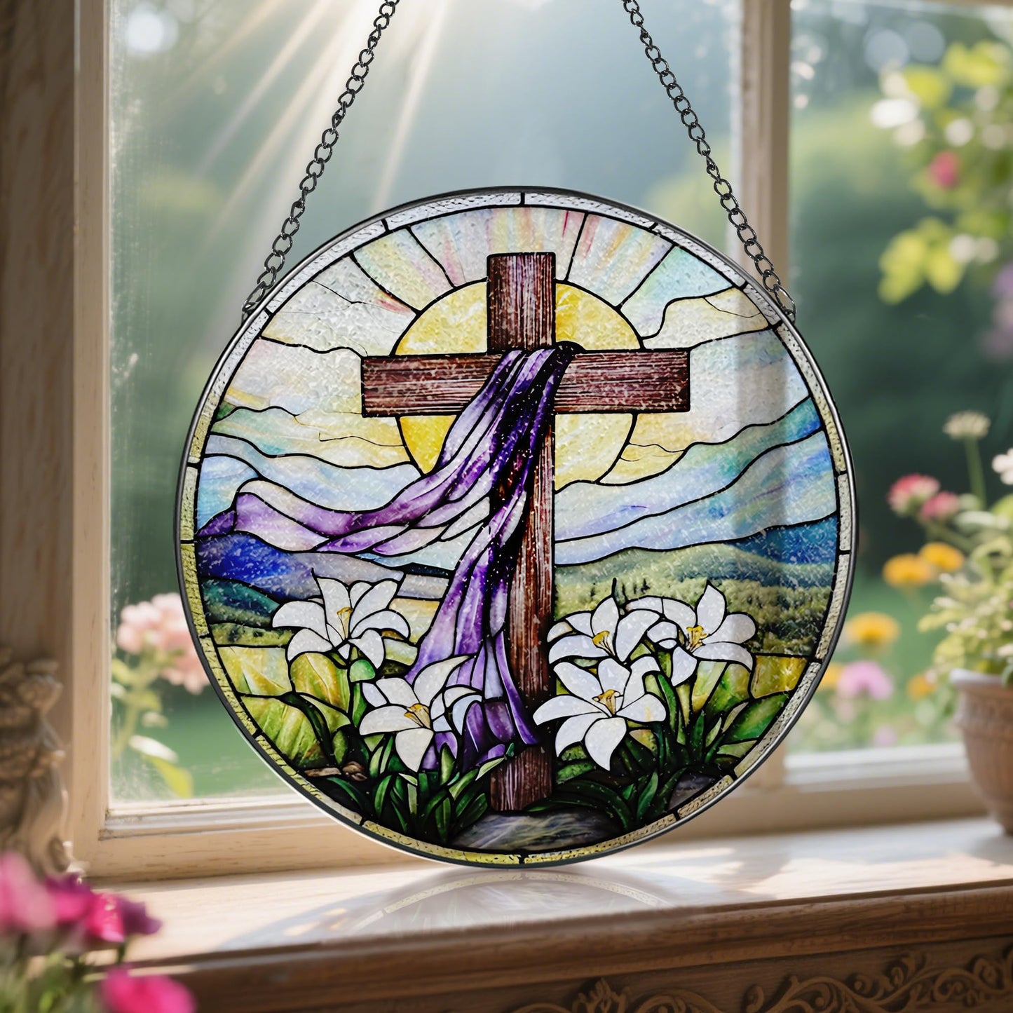 8-Inch Jesus with Cardinals Suncatcher Ornament, Stained Glass Window Hanging & Religious Christmas Ornament, Christian Window Decor — Memorial Gift, Christian Gifts for Her, Religious Gifts