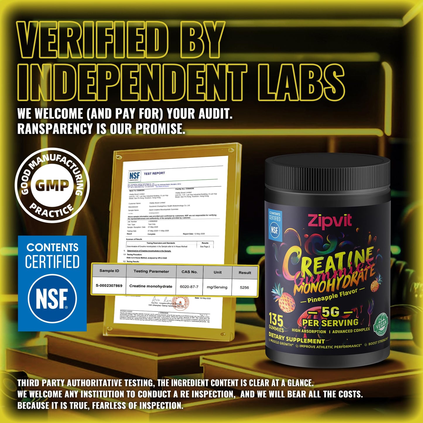 Creatine Monohydrate Gummies, NSF Certified Creatine Gummy, 5g Dose for Men & Women to Support Muscle, Strength, Recovery, Cognitive Health & Memory, Pineapple Flavor, 135 Gummies
