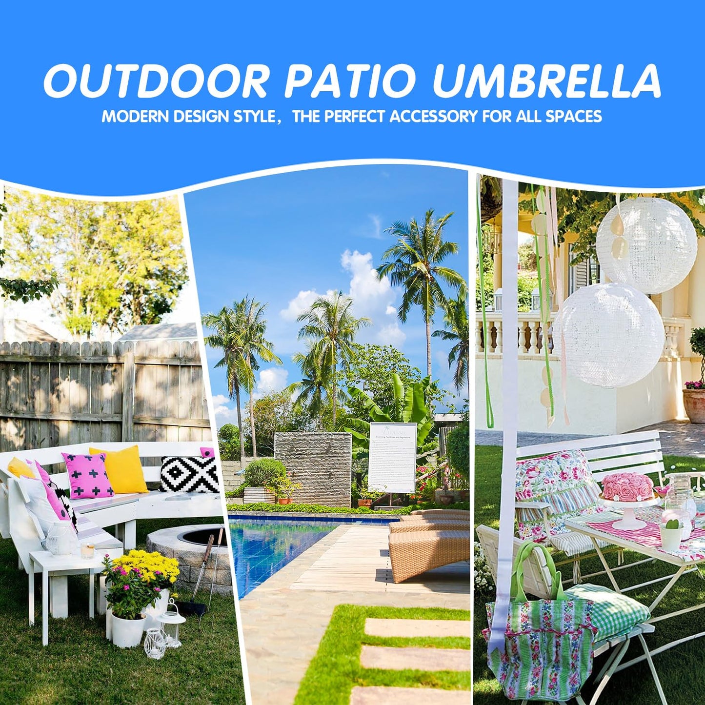 GDY 7.5ft Tassel Patio Umbrella and Matching Base, Outdoor Table Umbrella with 18 LED Lights,Market Umbrella with 6 Sturdy Ribs, with Push Button Tilt and Crank, Bright White