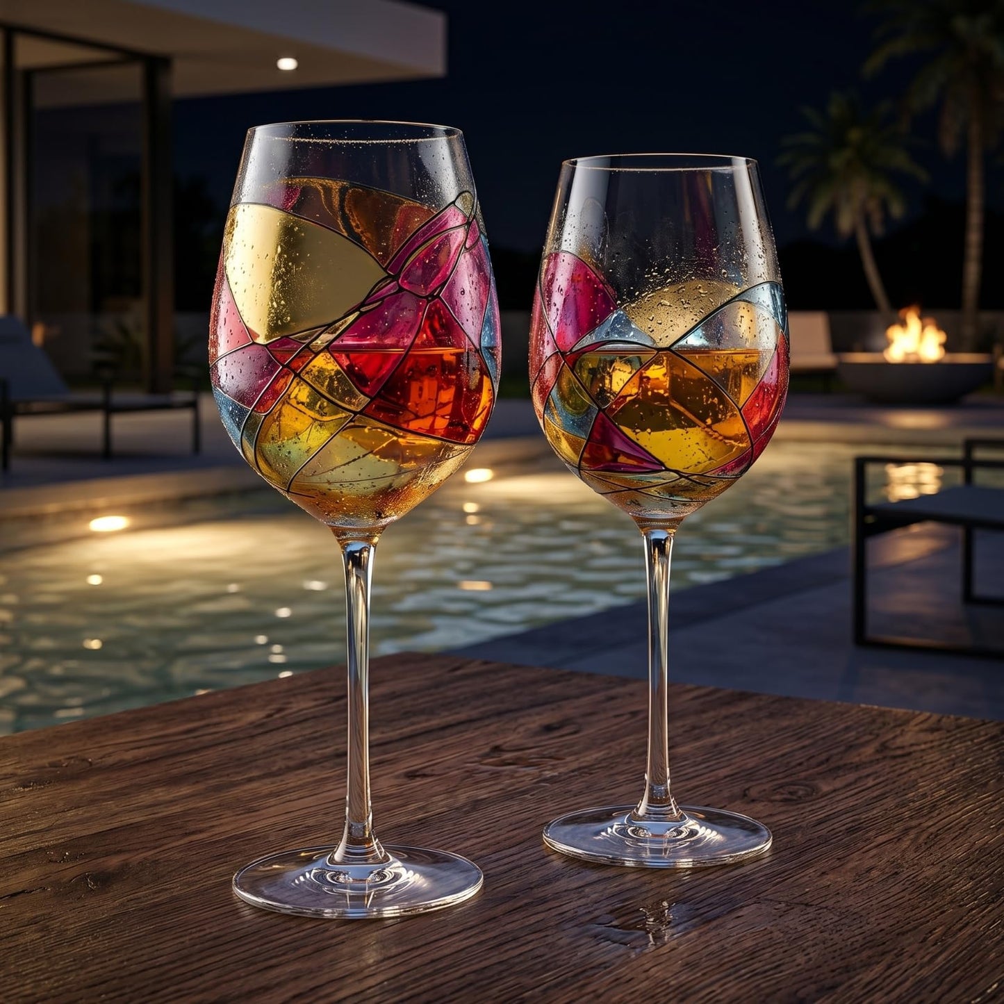 Artisanal Hand Painted Stemless Wine Glasses - Everyday Celebrations, Gift Idea for Wife, Mom, Valentine, Holiday Renaissance Romantic Stain-glassed Windows, 2 Set - Gift Idea Birthday, Housewarming