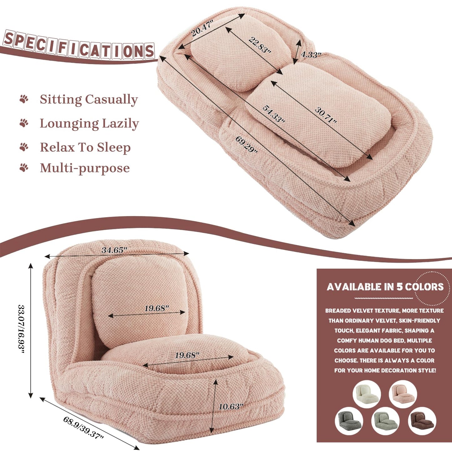 Upholstered Convertible Lounge Chair with 2 Soft Pillows