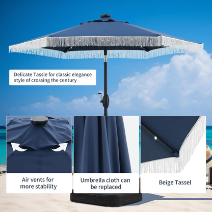 GDY 7.5ft Tassel Patio Umbrella and Matching Base, Outdoor Table Umbrella with 18 LED Lights,Market Umbrella with 6 Sturdy Ribs, with Push Button Tilt and Crank, Bright White