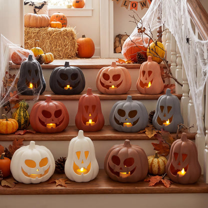 Tioncy 2 Pack Fall Decor Halloween Decorations Terracotta Pumpkin Decoration Handmade Clay Pumpkin Jack-o-Lantern Halloween Tealight Holder Rustic Farmhouse Fall Home Decor for Table(Orange)