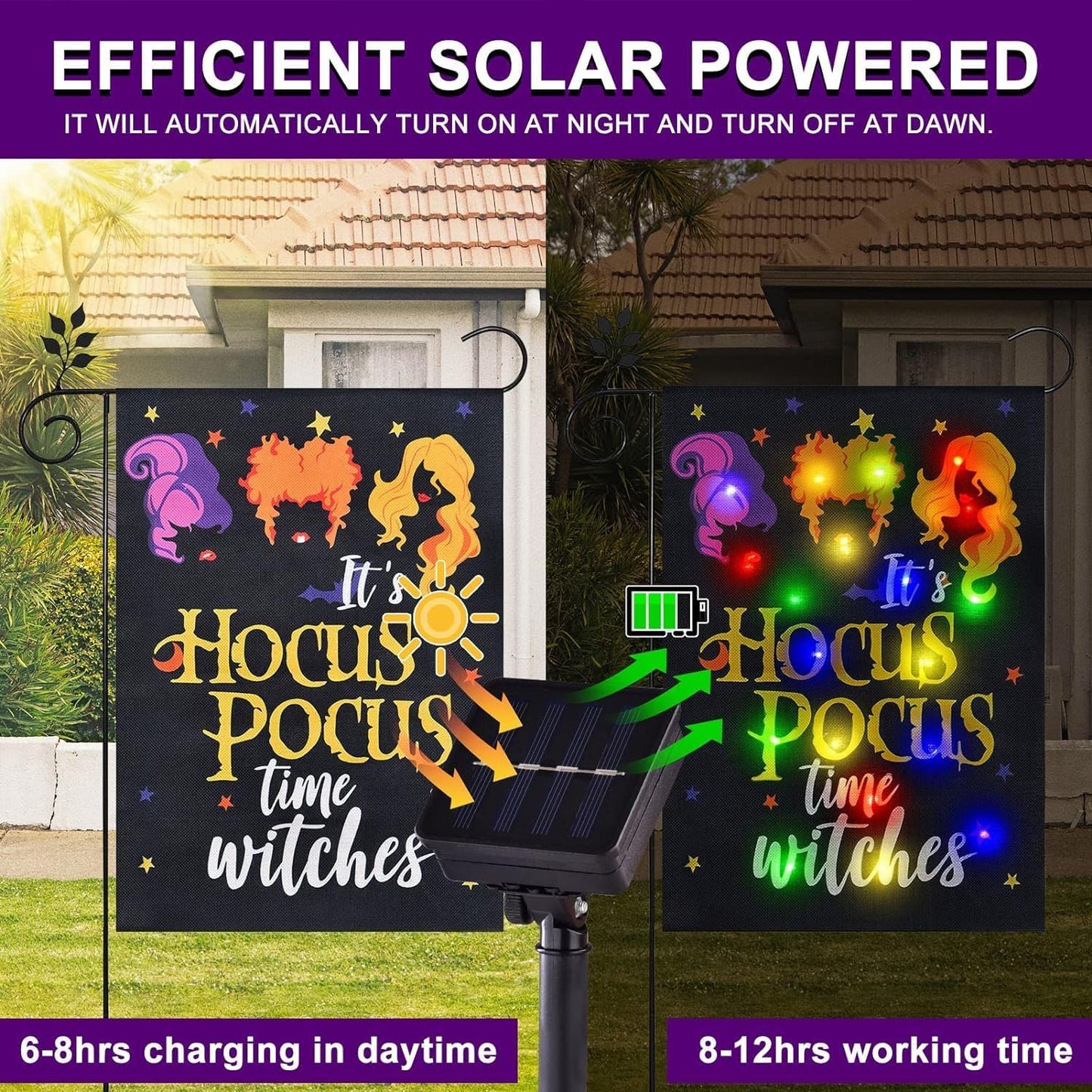 Halloween Lighted Garden Flag for Outside, Led Solar Yard Flag 8 Modes Witch Feet Shape Flag, 28x40 Double Sided Cauldron Eyeball Black Cat Decorations for Home Porch