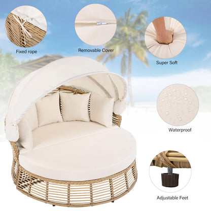 LUMISOL Outdoor Sunbed with Retractable Canopy, Outdoor PE Wicker Round Sectional Sofa with Separated Cushion Seats, Pillows and Removable Cushions for Patio, Backyard, Beige