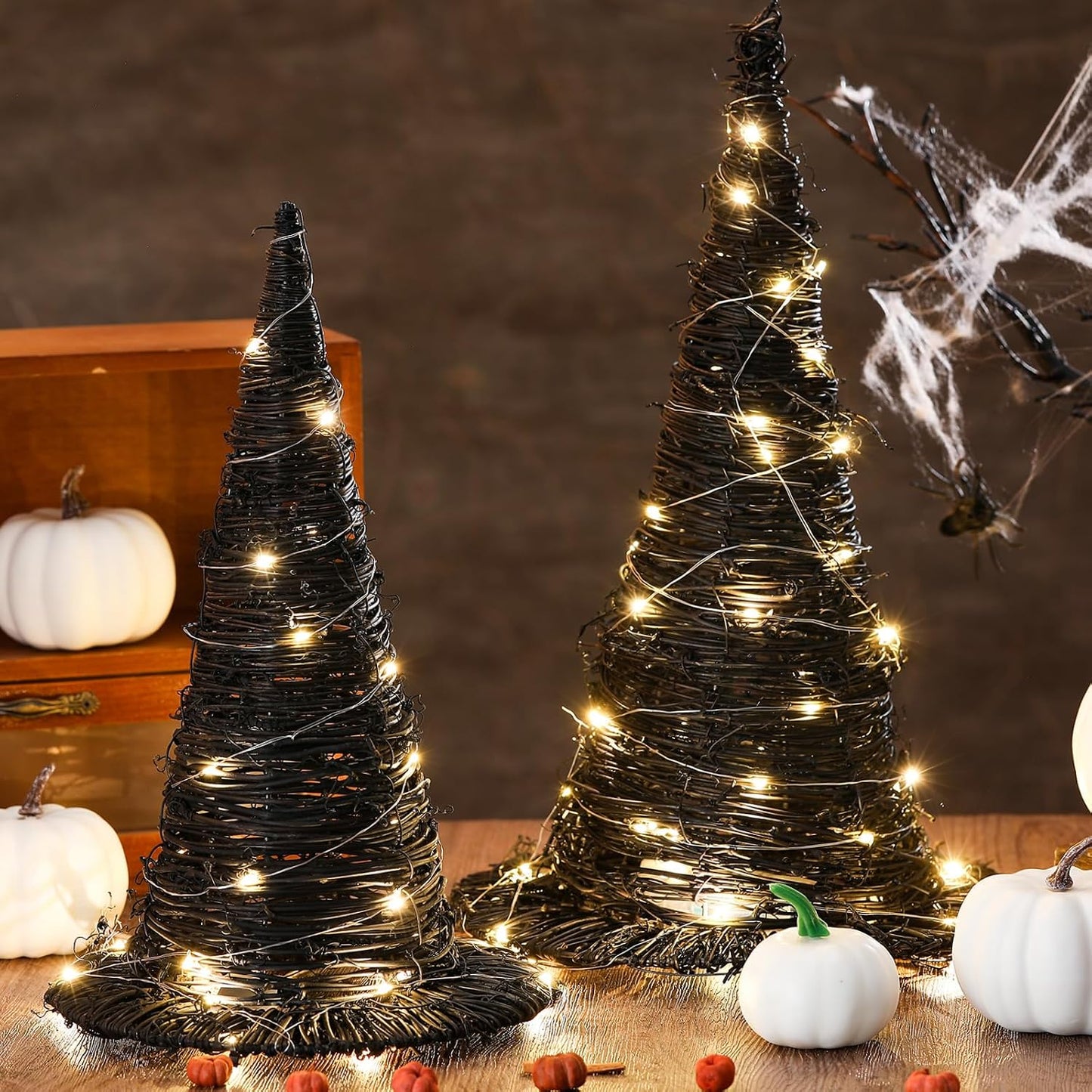 Leinuosen 2 Pcs Halloween Rattan Witch Hat Decor with String Lights Wicker Wizard Hats Woven Witch Hat for Indoor Outdoor Halloween Party Supplies Home Bedroom Garden Patio Backyard Decoration