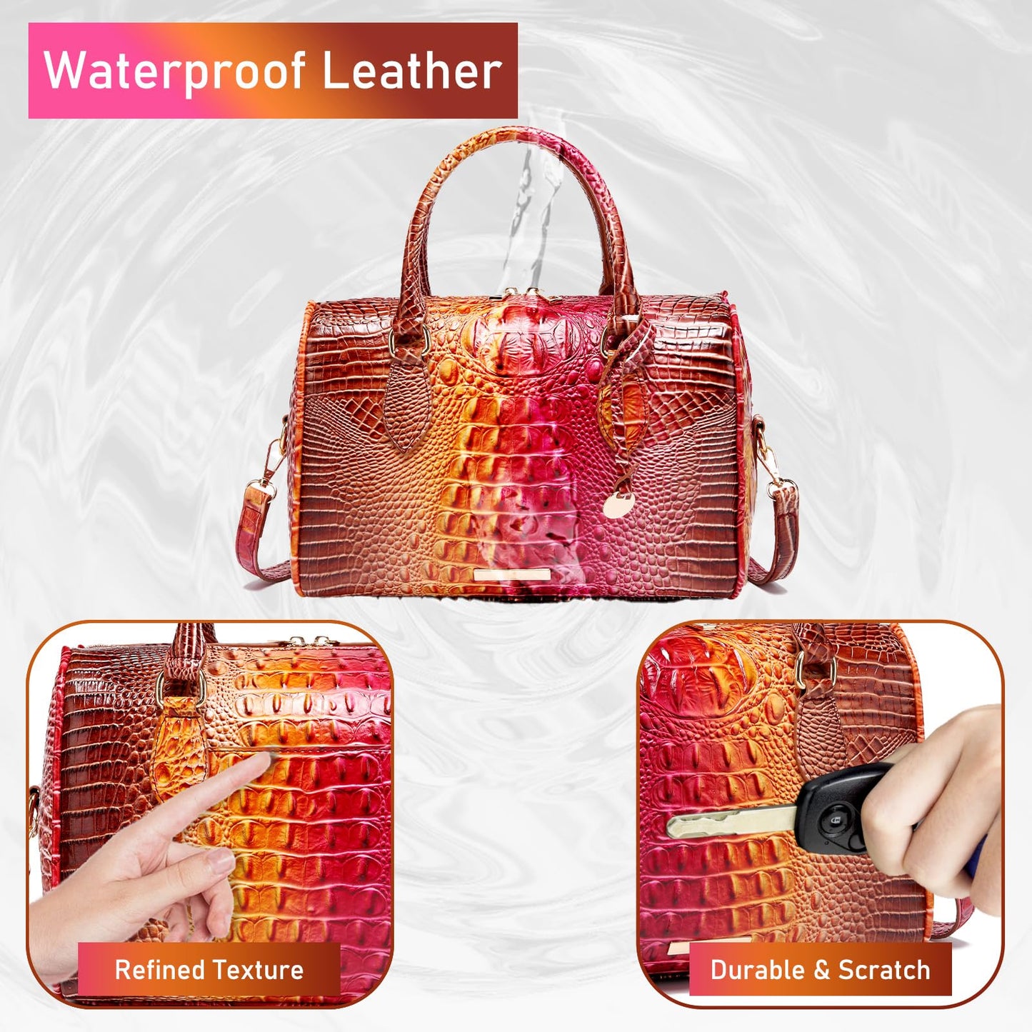 Makcr Joacbv Crocodile Handbag for Women Top Handle Leather Shoulder Purse | Glossy crocodile-embossed vegan leather with rolled handles, buckle details, a structured dome shape, and adjustable strap.