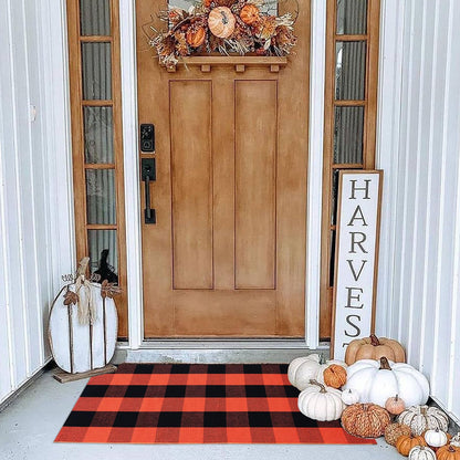 Christmas Door Mat Outdoor 35.4''x59'' Buffalo Plaid Christmas Decor Rug Cotton Hand-Woven Layered Door Mats Washable Carpet for Front Porch, Kitchen, Farmhouse, Entryway