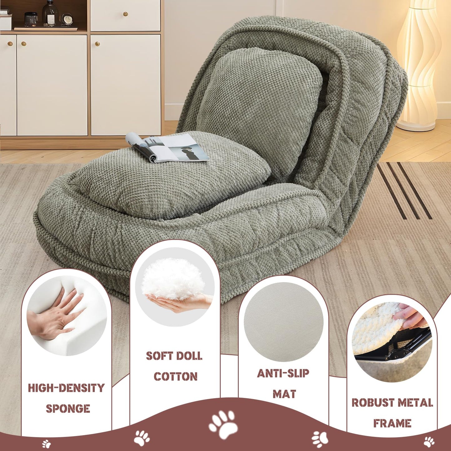Upholstered Convertible Lounge Chair with 2 Soft Pillows
