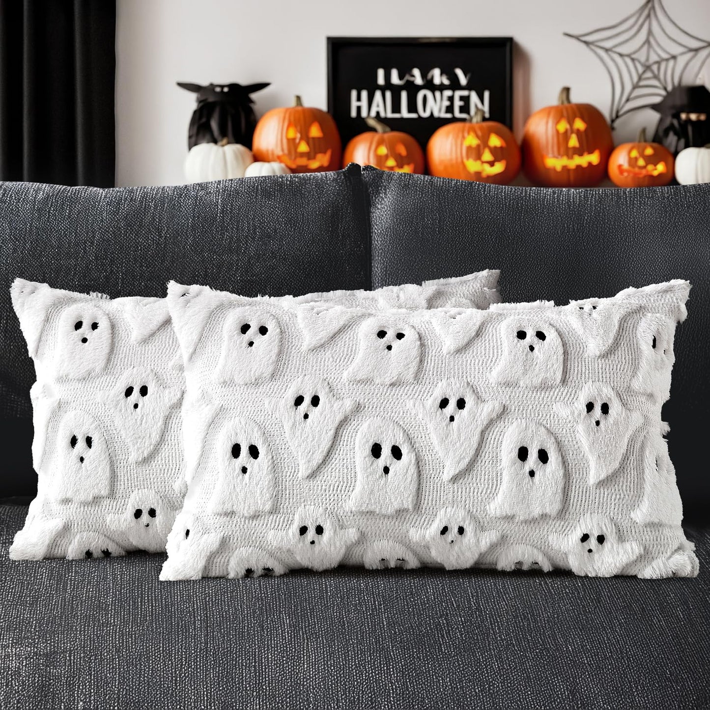 MIULEE Cute Ghost Halloween Pillow Covers 20x20 Inch Set of 2 White | Soft Plush Faux Fur Throw Pillows Spooky Fall Decorative Cushion Covers for Couch Sofa Bed Porch Living Room