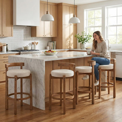 LukeAlon Mid Century Linen Counter Stools Set of 4, Upholstered 26.5” Seat Height Low Barstools with Natural Wood Legs Round Low Back Kitchen Stools with Footrest for Dining Room, Beige