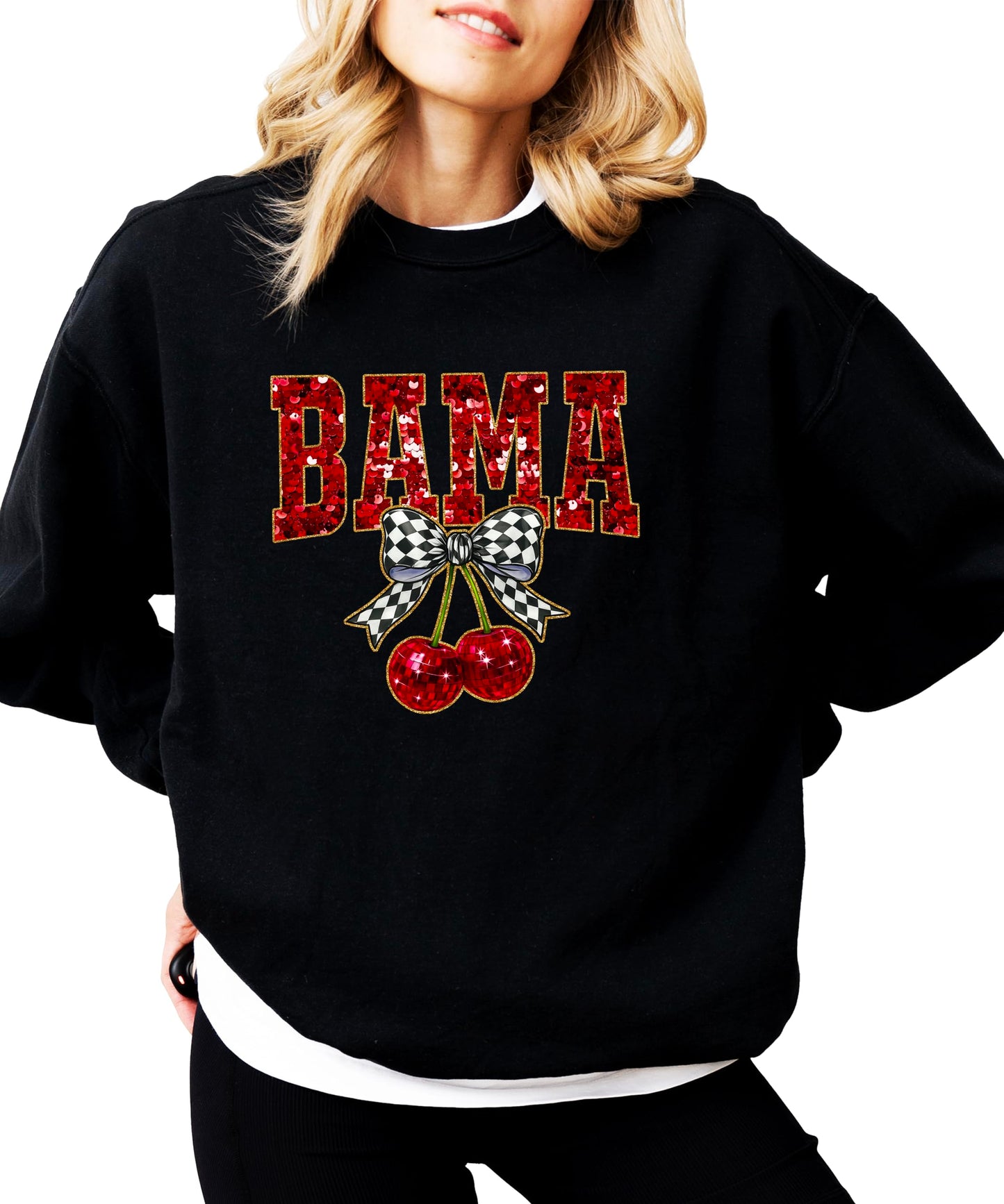 Olive Loves Apple Bama Red Ink-Printed Sequins Sweatshirt for Women & Teens Alabama Fall Sports Sweater