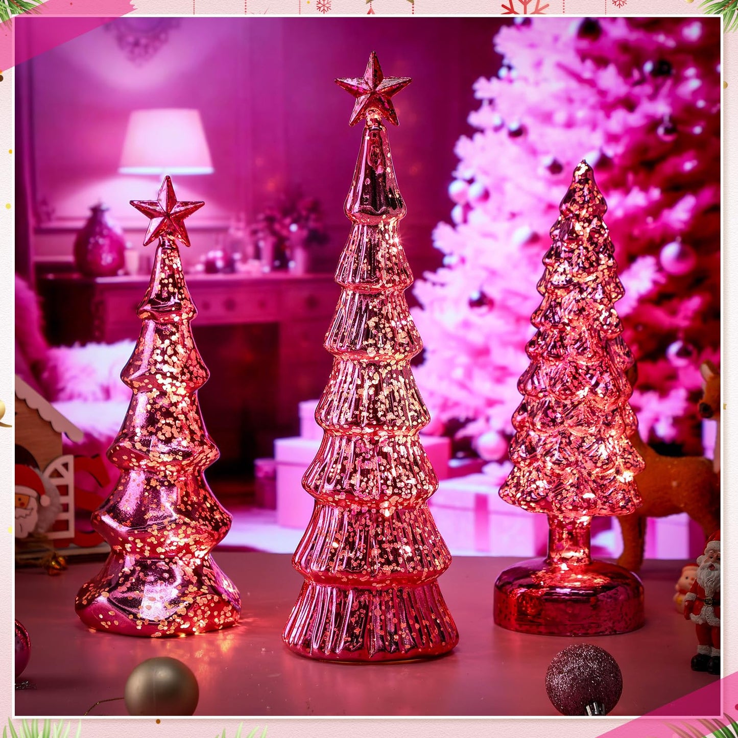 Funnymoom 3 Pack Glass Christmas Trees Decor Lighted Christmas Tree Tabletop Glitter Centerpiece Decoration Glass Xmas Tree Figurines Holiday Ornament for Table Mantle Fireplace(Gold,Classic)
