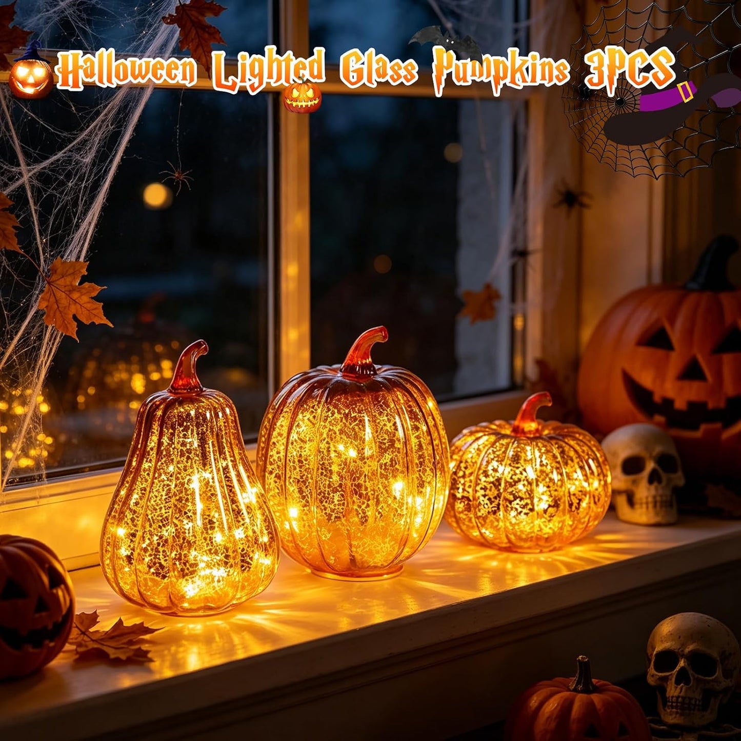 Mercury Glass Pumpkin Lights with Timer, Fall Pumpkins Lamps Tabletop Centerpiece Decorations Autumn Thanksgiving Home Halloween Decor, 3PCS
