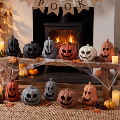 Tioncy 2 Pack Fall Decor Halloween Decorations Terracotta Pumpkin Decoration Handmade Clay Pumpkin Jack-o-Lantern Halloween Tealight Holder Rustic Farmhouse Fall Home Decor for Table(Orange)