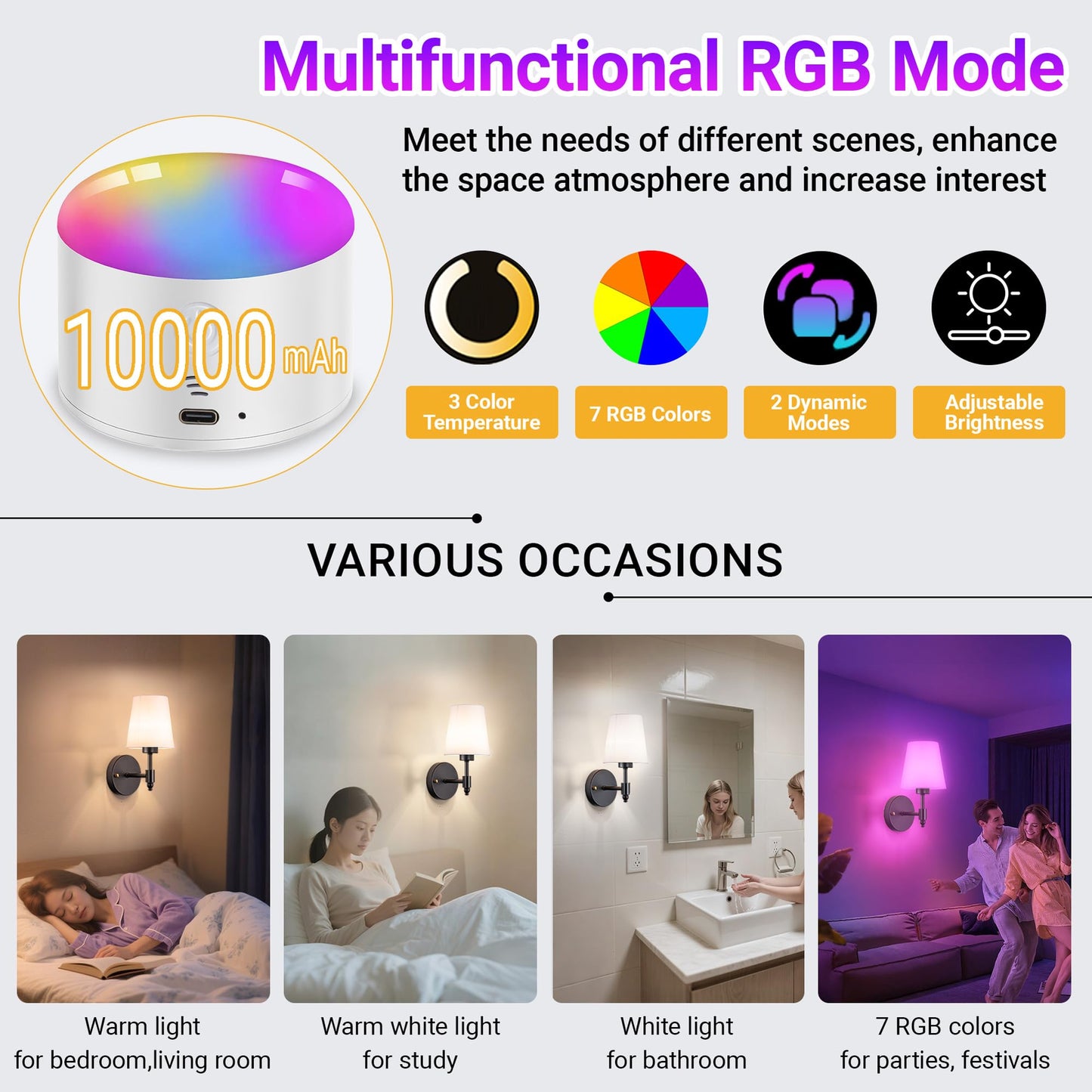 YHCDLAMP Battery Operated Wall Sconce Light with Remote Control, Dimmable Wall Sconce Set of 2 with White Fabric Shade, Wireless Battery Operated Wall Lamp for Bedroom Living Room, Bulb Included