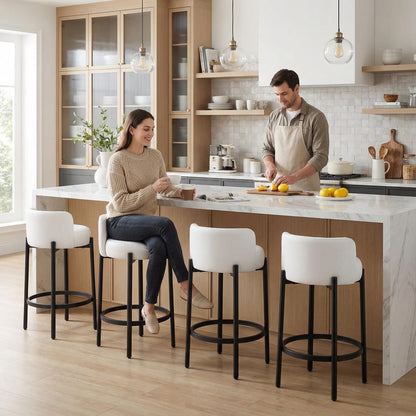 LukeAlon Mid Century Linen Counter Stools Set of 4, Upholstered 26.5” Seat Height Low Barstools with Natural Wood Legs Round Low Back Kitchen Stools with Footrest for Dining Room, Beige