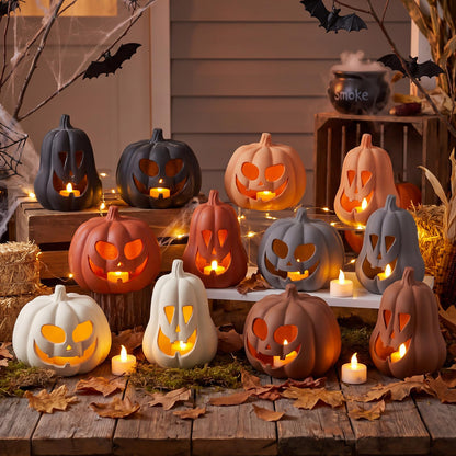 Tioncy 2 Pack Fall Decor Halloween Decorations Terracotta Pumpkin Decoration Handmade Clay Pumpkin Jack-o-Lantern Halloween Tealight Holder Rustic Farmhouse Fall Home Decor for Table(Orange)