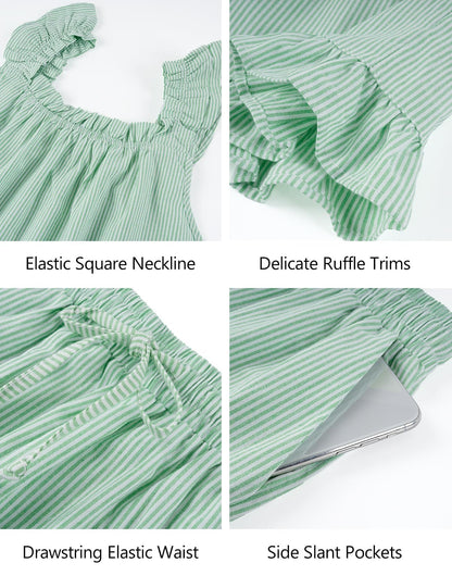Flygo Striped Pajamas Set for Women Cotton 2 Piece Lounge Sets Ruffle Cami Top and Shorts Cute Summer Pj Sleepwear
