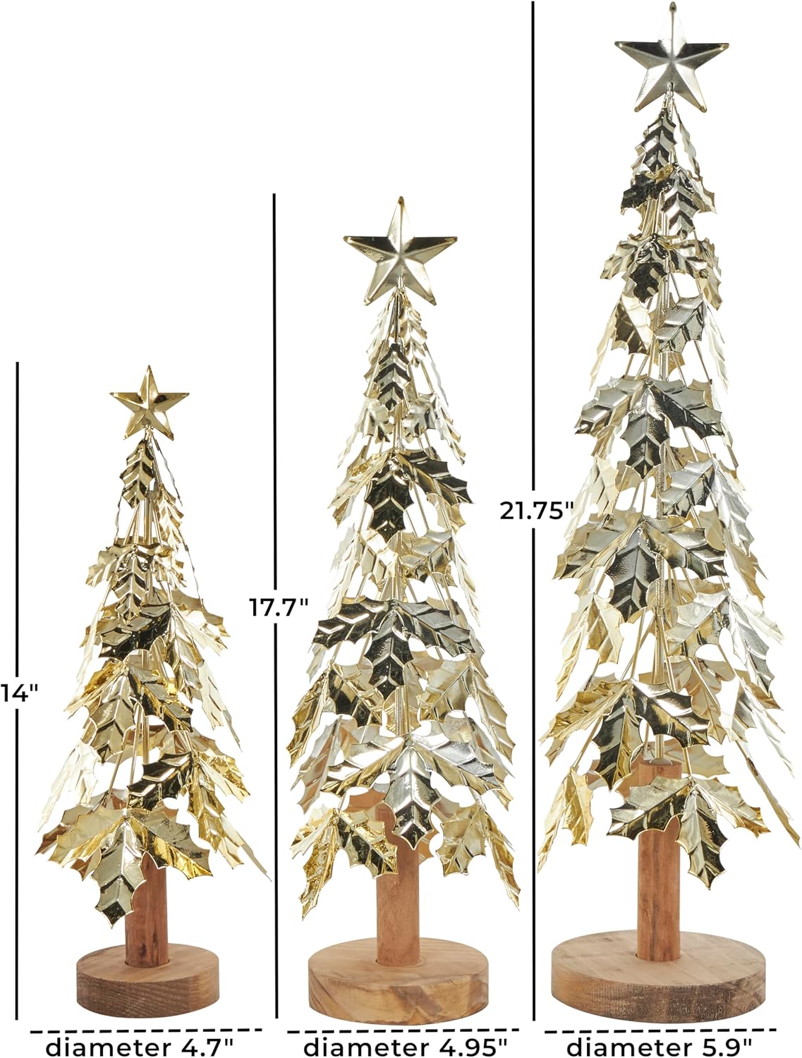 Deco 79 Metal Tree Decorative Sculpture Holiday Layered Holly Leaf Christmas Home Decor Statues with Wooden Base and Star Topper, Set of 3 Accent Figurines 22", 18", 14"H, Gold