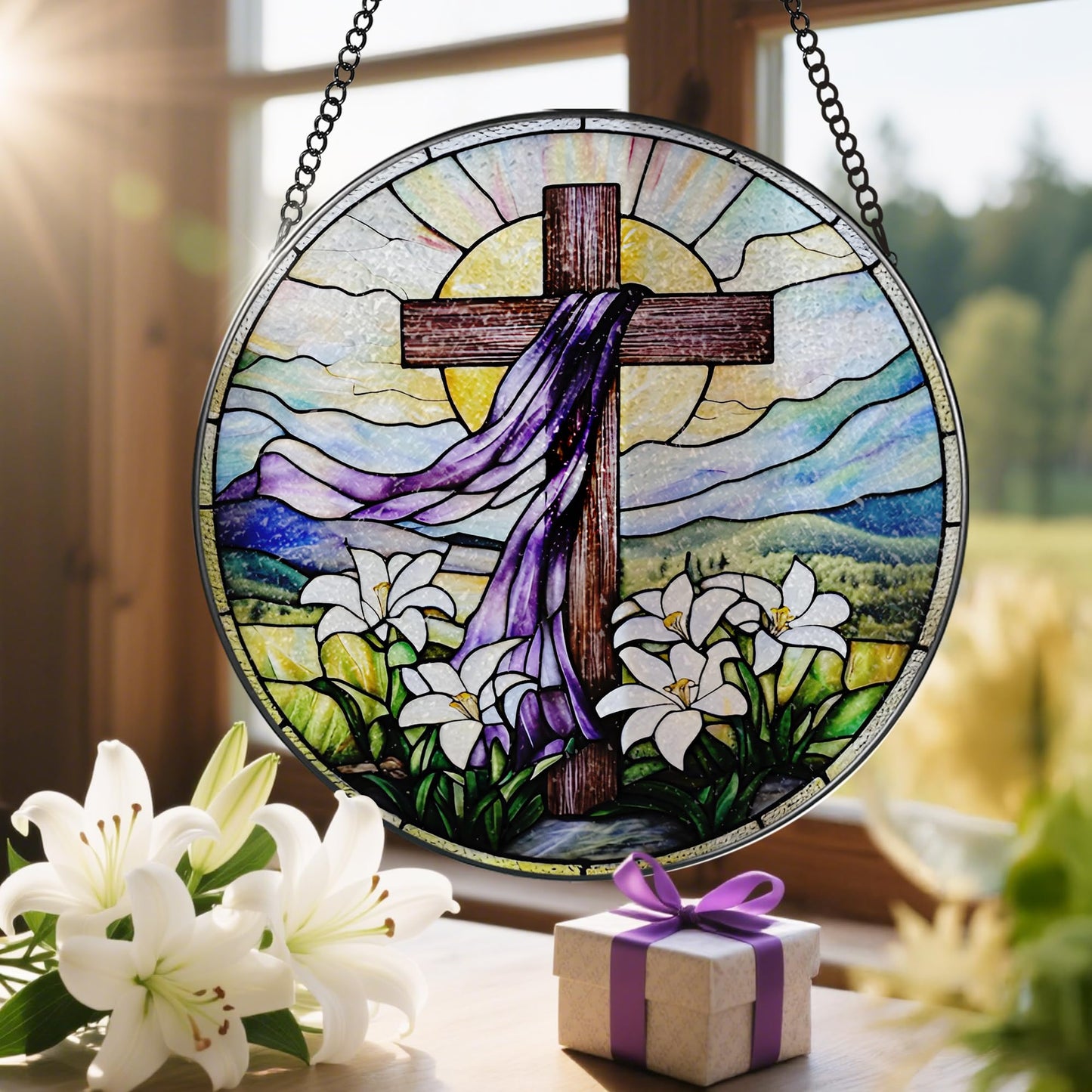 8-Inch Jesus with Cardinals Suncatcher Ornament, Stained Glass Window Hanging & Religious Christmas Ornament, Christian Window Decor — Memorial Gift, Christian Gifts for Her, Religious Gifts