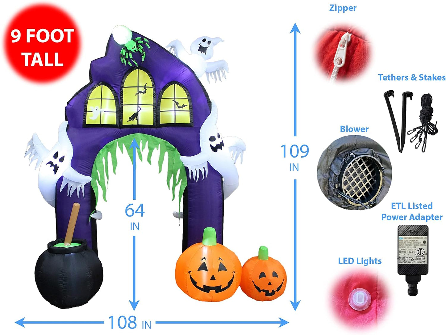 9 FT Tall Halloween Inflatable Castle Archway | Pumpkins Spider Ghosts Cauldron, LED Lights, Outdoor Indoor, Yard Blowup