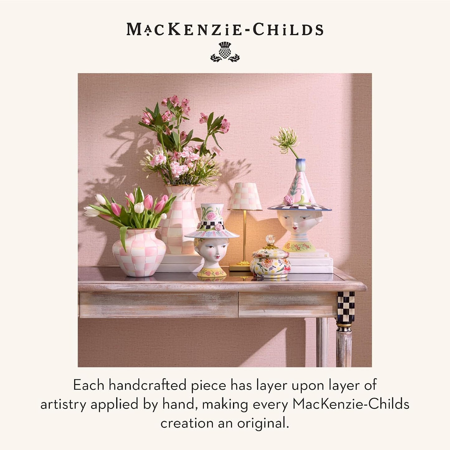 MACKENZIE-CHILDS Ceramic Handbag Vase, Pink-and-White Rosy Check Doodles | Hand-painted design, unique flower vase decor, bouquet holder for living room, 5" W x 10.5" L x 12" H