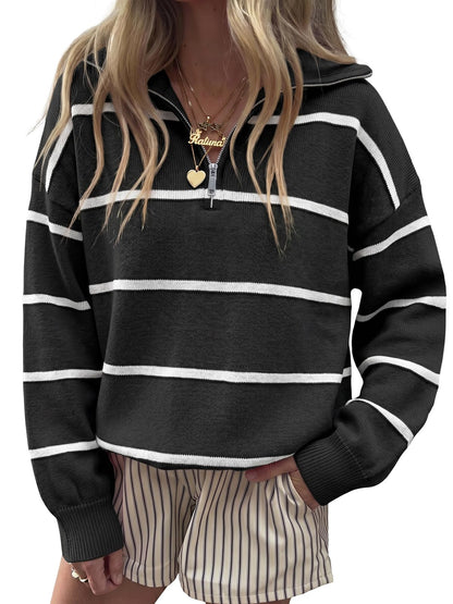 Fisoew Womens Quarter Zip Striped Sweater Oversized Turtleneck Pullover Top