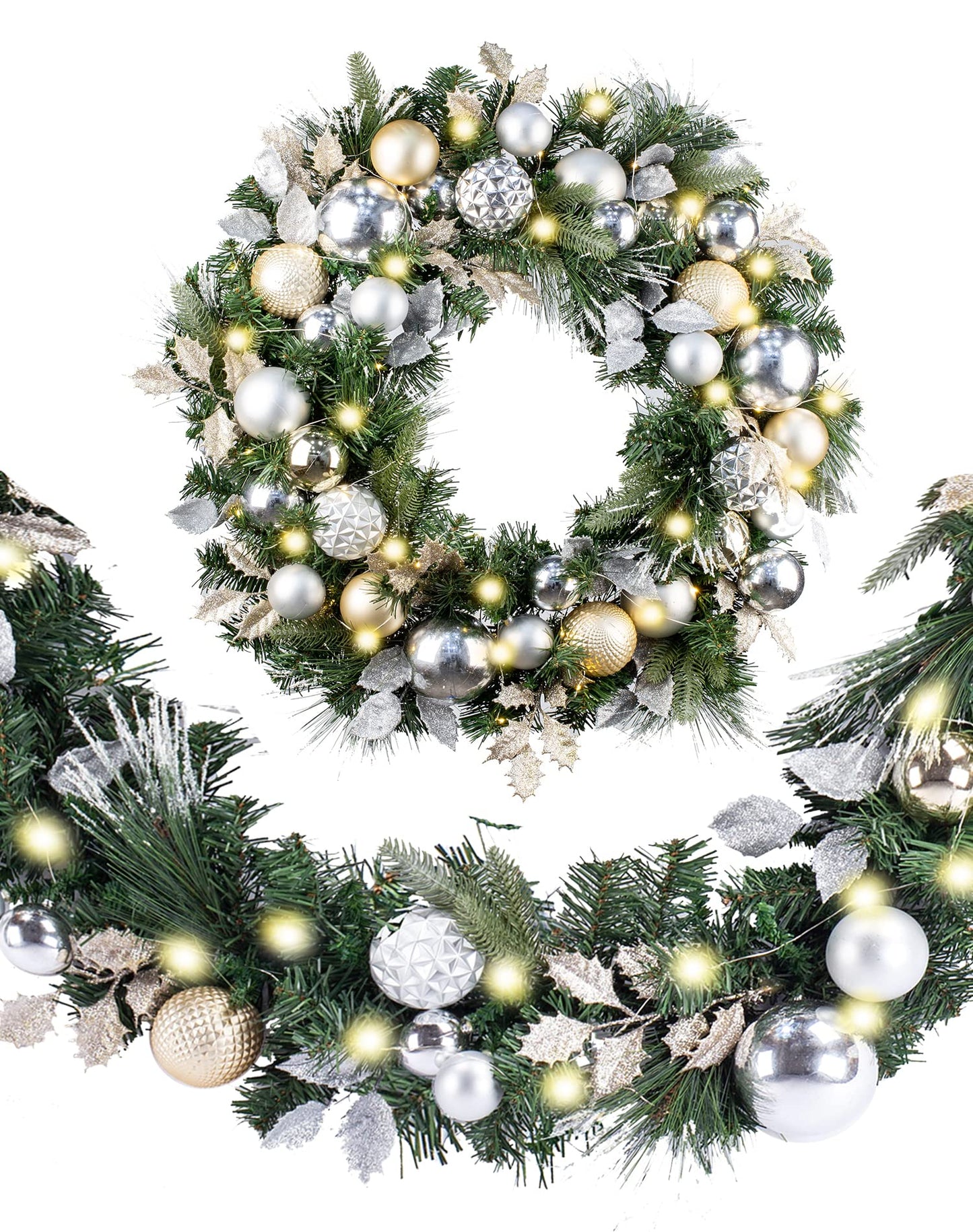 WANNA-CUL Pre-lit 9Feet /108 Inch Christmas Garland with Lights for Front Door, Red Gold Ligthed Christmas Mantel Garland Decoration with Ball Ornaments, Battery Operated 50 LED