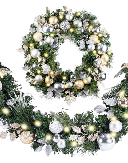 WANNA-CUL Pre-lit 9Feet /108 Inch Christmas Garland with Lights for Front Door, Red Gold Ligthed Christmas Mantel Garland Decoration with Ball Ornaments, Battery Operated 50 LED