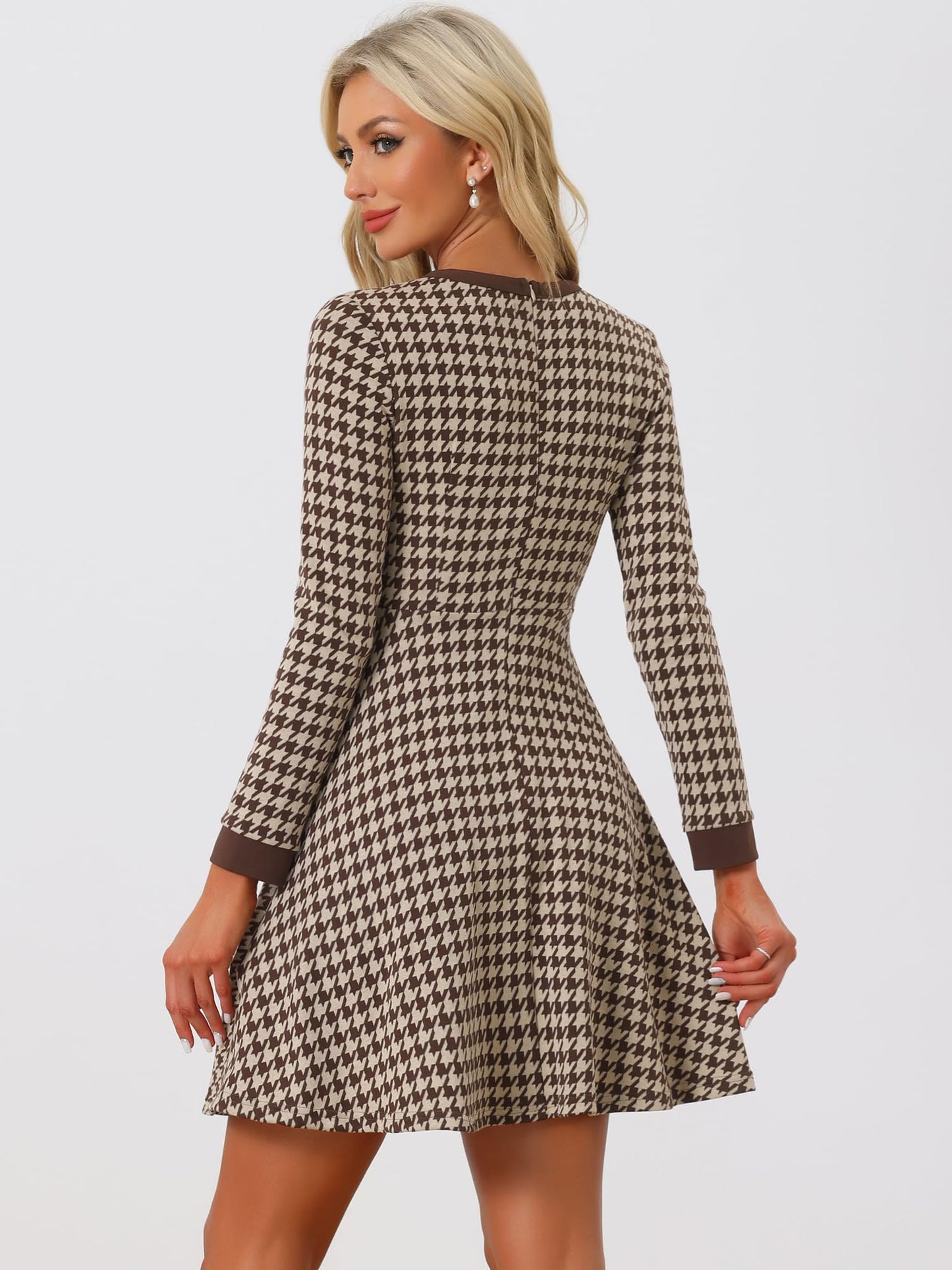 Allegra K Women's Houndstooth Plaid A-Line Elegant Business Work Dress