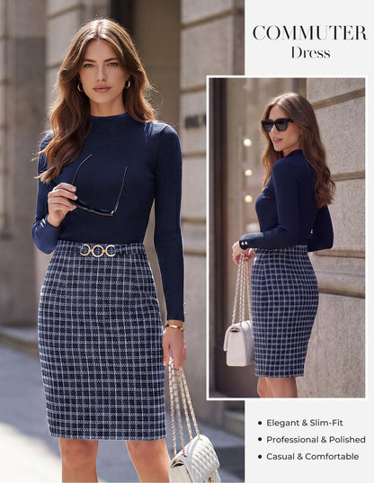GRACE KARIN Women Long Sleeve Work Business Pencil Tweed Dress