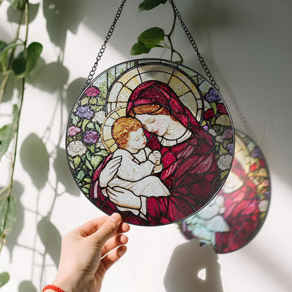 8-Inch Jesus with Cardinals Suncatcher Ornament, Stained Glass Window Hanging & Religious Christmas Ornament, Christian Window Decor — Memorial Gift, Christian Gifts for Her, Religious Gifts