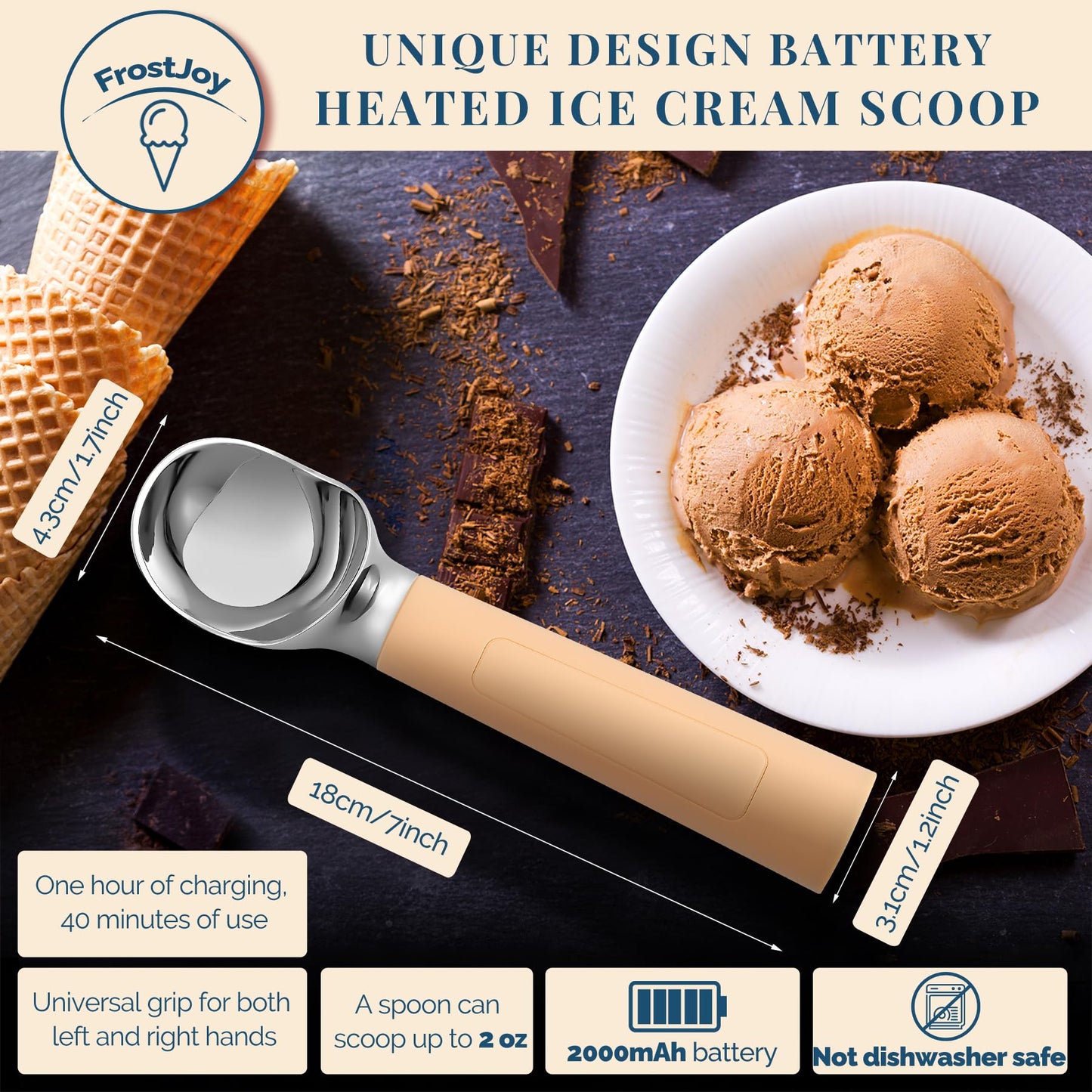 Heated Ice Cream Scoop Rechargeable, Electric Warming Ice Cream Scooper with LED Display, Heats to 158°F for Hard Ice Cream, Easy for Seniors & Kids, IP67 Waterproof (White, 2 oz)